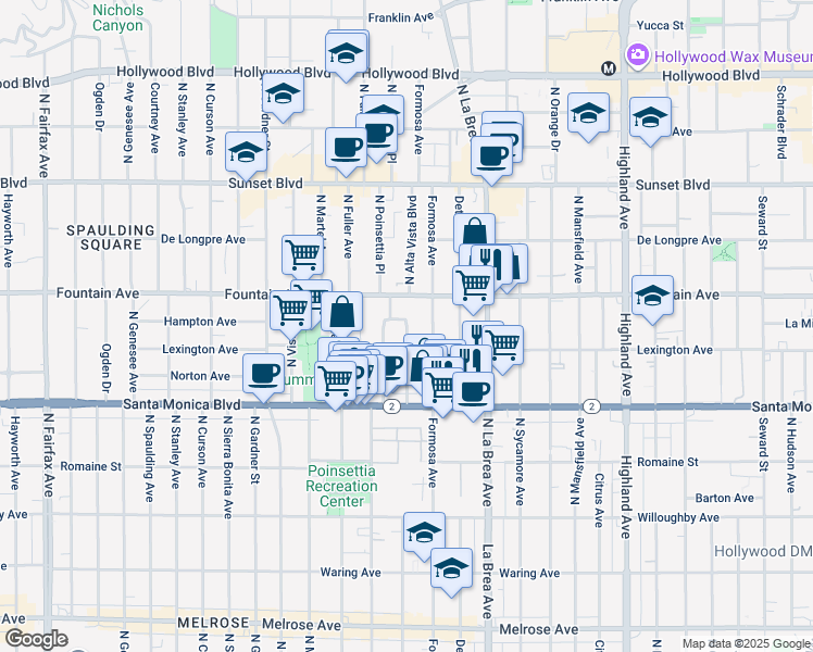 map of restaurants, bars, coffee shops, grocery stores, and more near North Poinsettia Place in West Hollywood