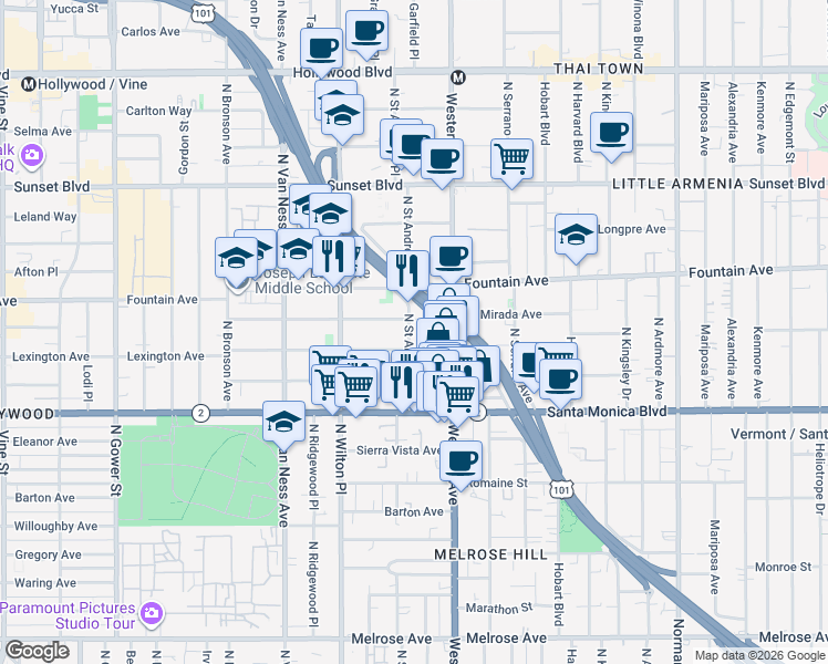 map of restaurants, bars, coffee shops, grocery stores, and more near 1216 North Saint Andrews Place in Los Angeles