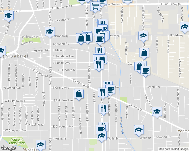 map of restaurants, bars, coffee shops, grocery stores, and more near 717 Pearl Street in San Gabriel