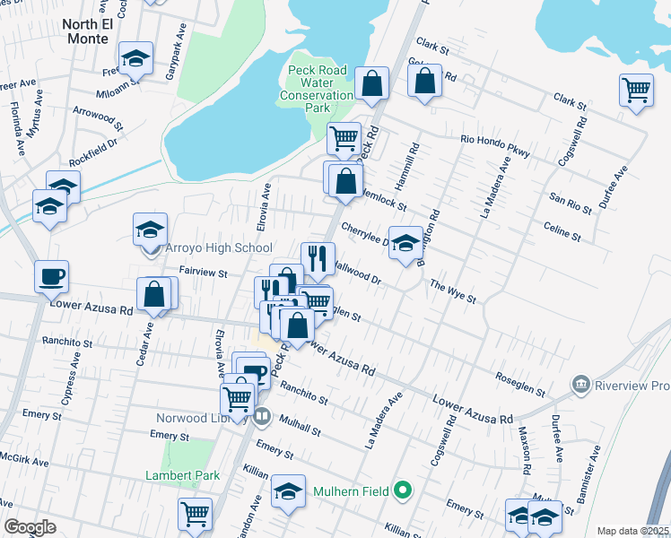 map of restaurants, bars, coffee shops, grocery stores, and more near 11612 Hallwood Drive in El Monte