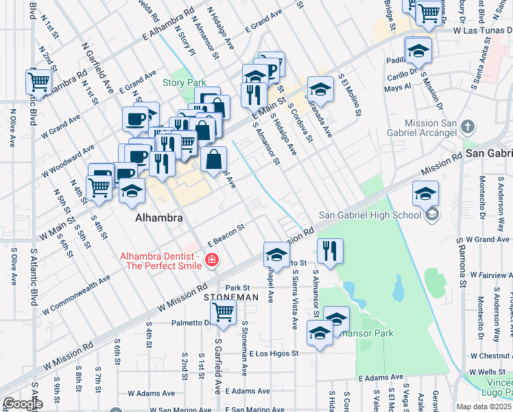 map of restaurants, bars, coffee shops, grocery stores, and more near 318 1/2 South Chapel Avenue in Alhambra
