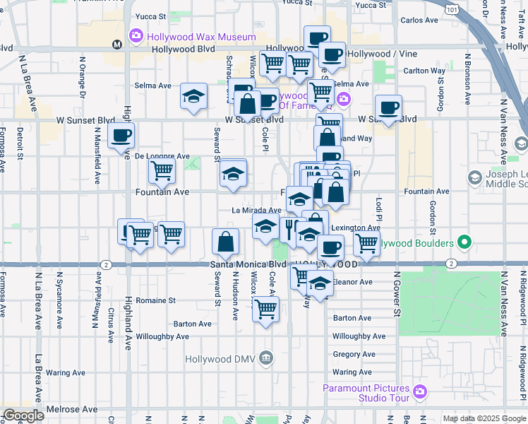 map of restaurants, bars, coffee shops, grocery stores, and more near 6 Cole Place in Los Angeles