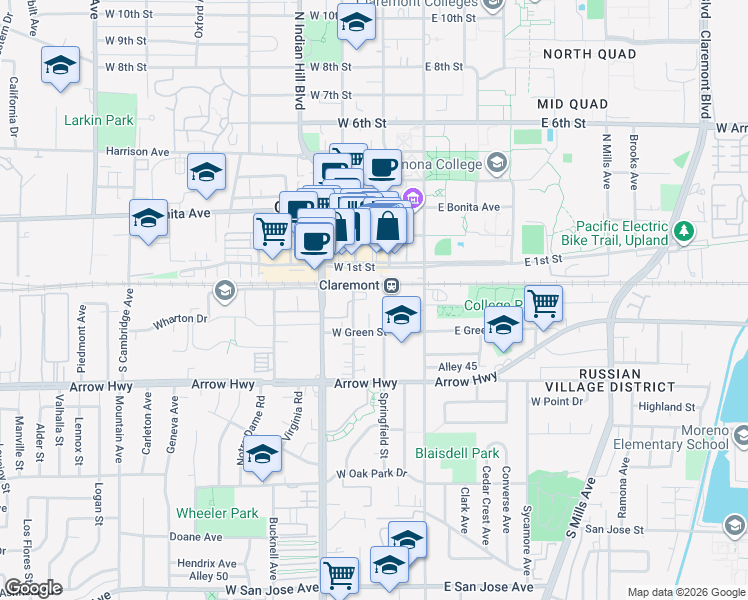 map of restaurants, bars, coffee shops, grocery stores, and more near in Claremont