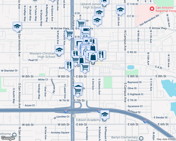map of restaurants, bars, coffee shops, grocery stores, and more near 166 South 2nd Avenue in Upland