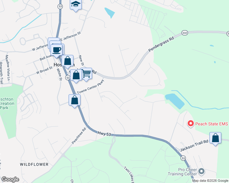 map of restaurants, bars, coffee shops, grocery stores, and more near 119 Buckingham Lane in Hoschton