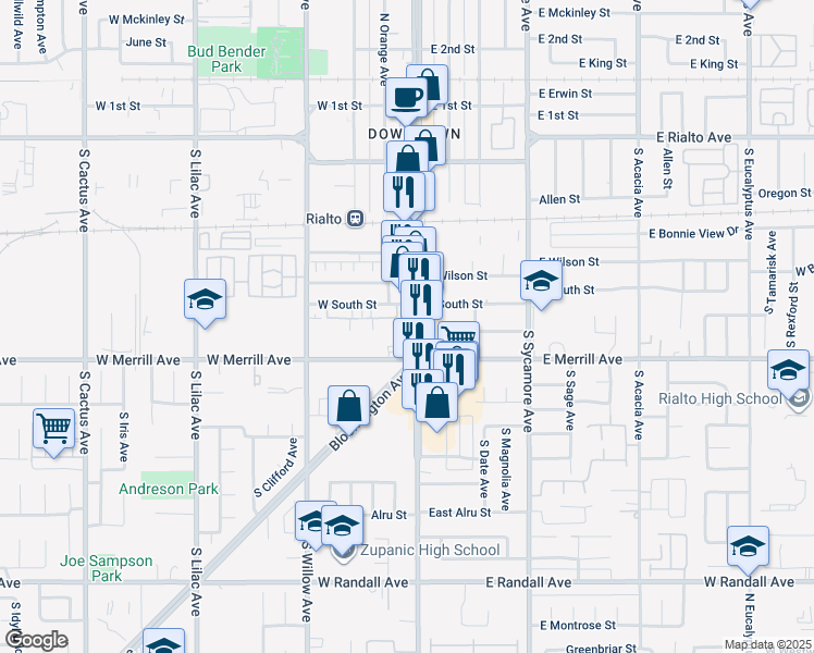 map of restaurants, bars, coffee shops, grocery stores, and more near 430 South Riverside Avenue in Rialto