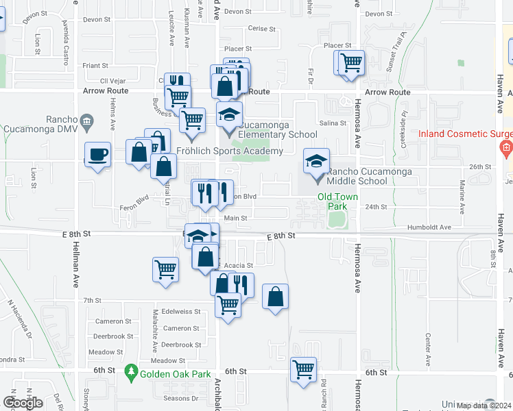 map of restaurants, bars, coffee shops, grocery stores, and more near 8815 Reid Avenue in Rancho Cucamonga