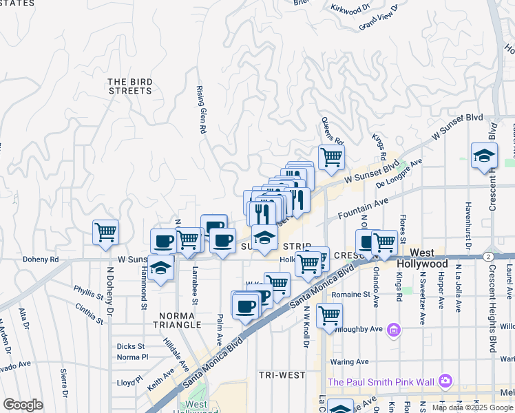 map of restaurants, bars, coffee shops, grocery stores, and more near 1220 Sunset Plaza Drive in Los Angeles
