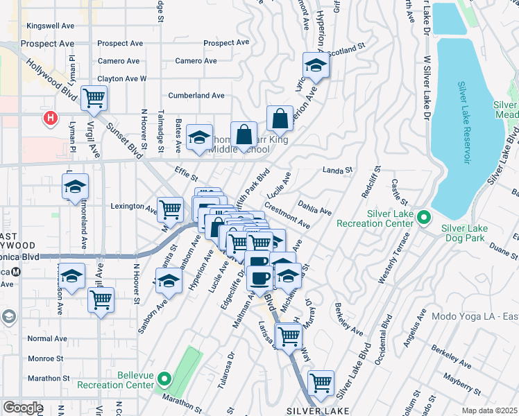 map of restaurants, bars, coffee shops, grocery stores, and more near 3801 Effie Street in Los Angeles