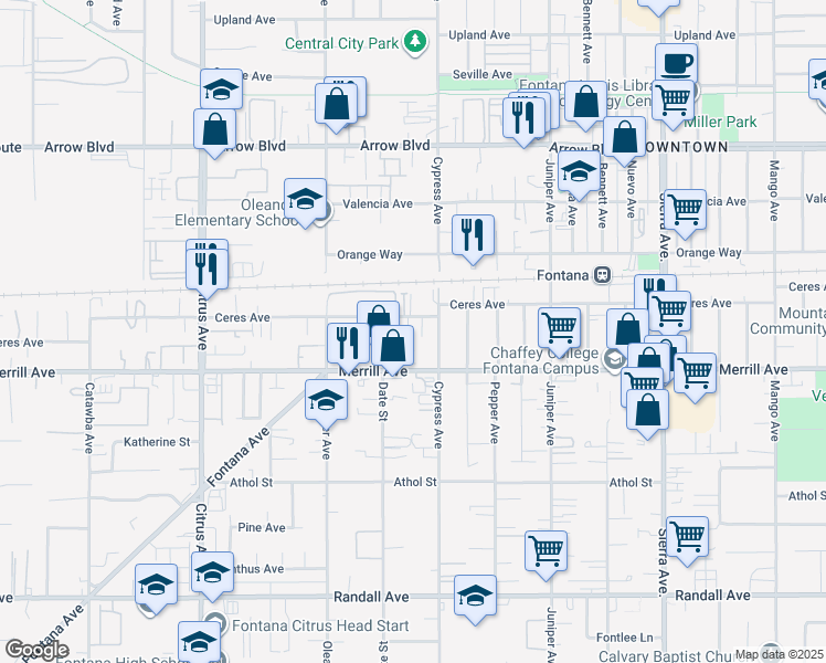 map of restaurants, bars, coffee shops, grocery stores, and more near 16453 Ceres Avenue in Fontana