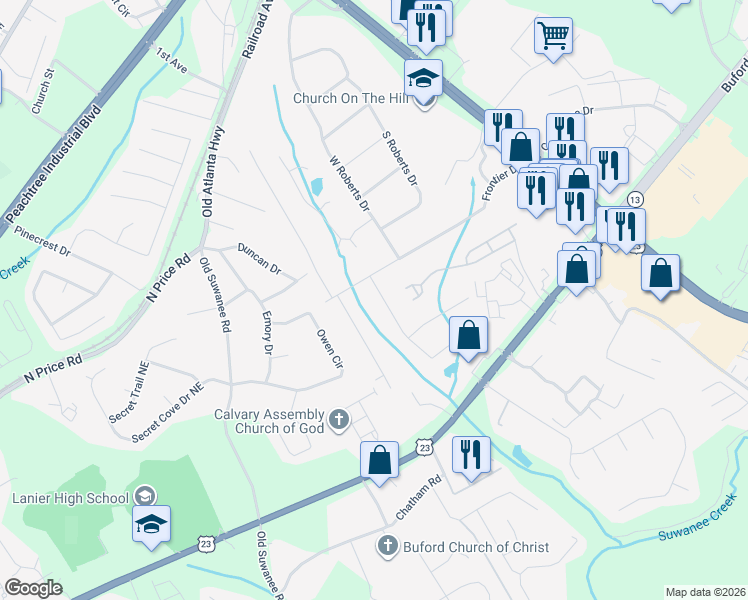 map of restaurants, bars, coffee shops, grocery stores, and more near 4456 Frontier Way Northeast in Sugar Hill