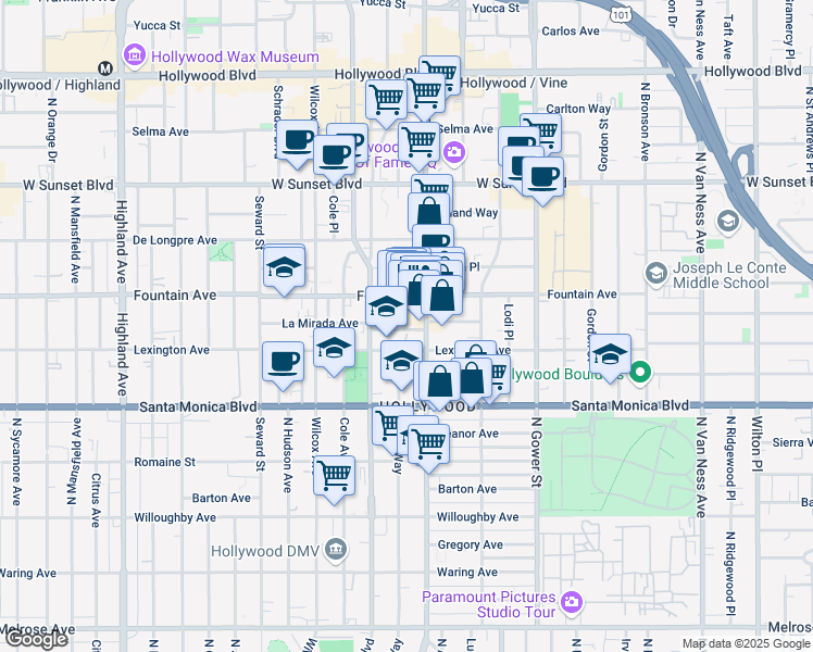 map of restaurants, bars, coffee shops, grocery stores, and more near 6319 La Mirada Avenue in Los Angeles