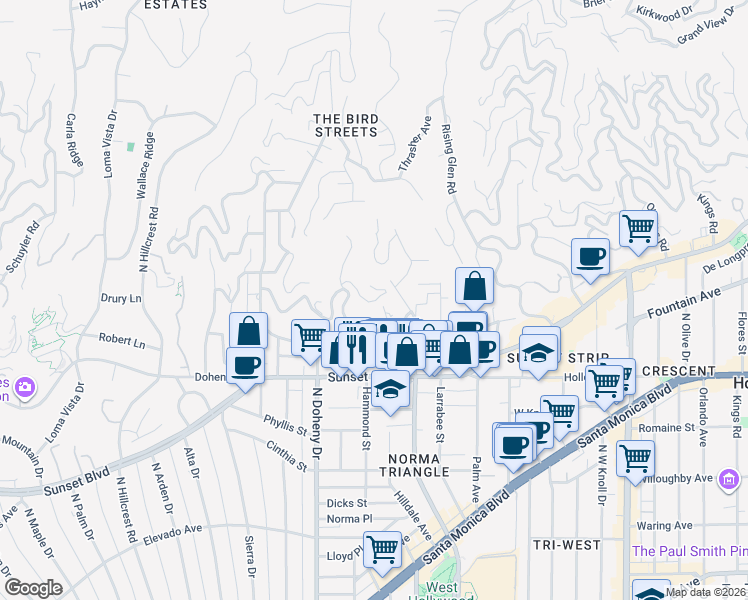 map of restaurants, bars, coffee shops, grocery stores, and more near 8951 Saint Ives Drive in Los Angeles