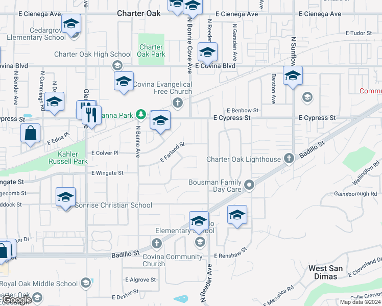 map of restaurants, bars, coffee shops, grocery stores, and more near 1707 Sachs Place in Covina