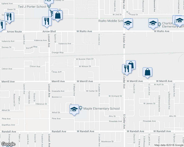 map of restaurants, bars, coffee shops, grocery stores, and more near 1527 West South Street in Rialto