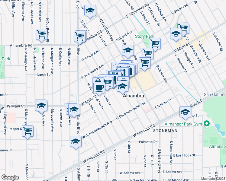 map of restaurants, bars, coffee shops, grocery stores, and more near 11 South 3rd Street in Alhambra