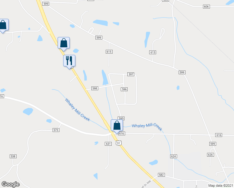 map of restaurants, bars, coffee shops, grocery stores, and more near 73 County Road 597 in Hanceville