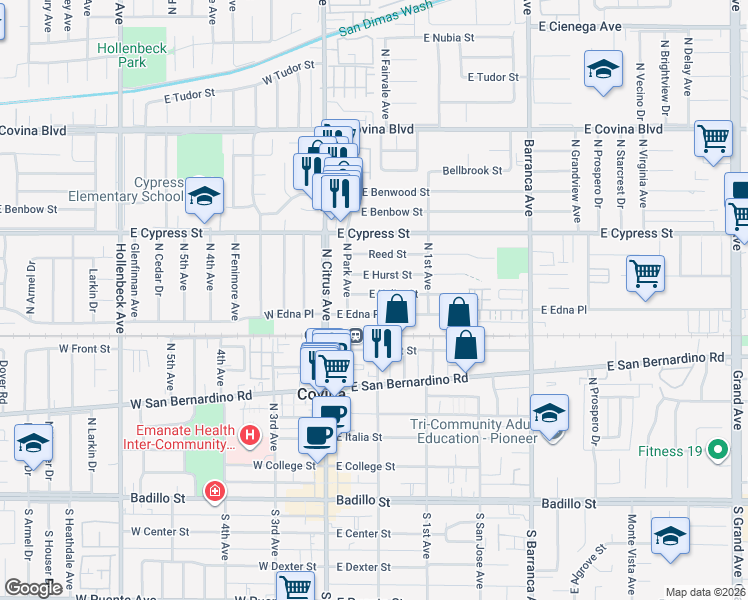 map of restaurants, bars, coffee shops, grocery stores, and more near 182 East Kelby Street in Covina