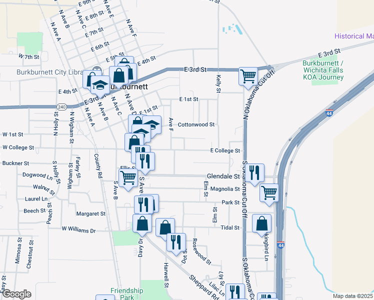 map of restaurants, bars, coffee shops, grocery stores, and more near 617 East College Street in Burkburnett