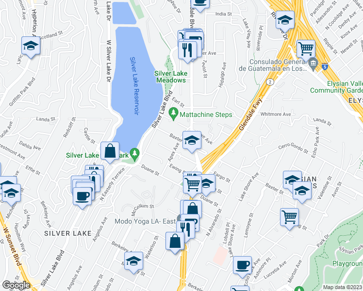 map of restaurants, bars, coffee shops, grocery stores, and more near 2290 Baxter Street in Los Angeles