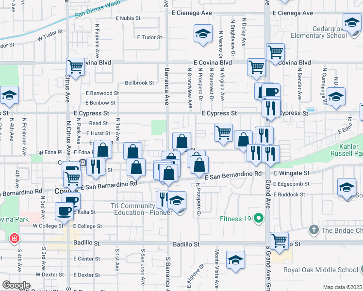 map of restaurants, bars, coffee shops, grocery stores, and more near 545 East Edna Place in Covina
