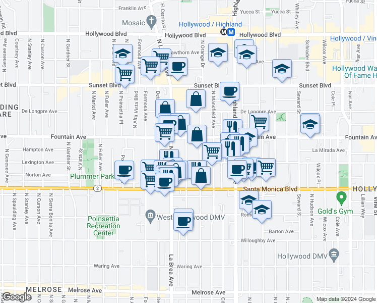 map of restaurants, bars, coffee shops, grocery stores, and more near 1226 North Sycamore Avenue in Los Angeles