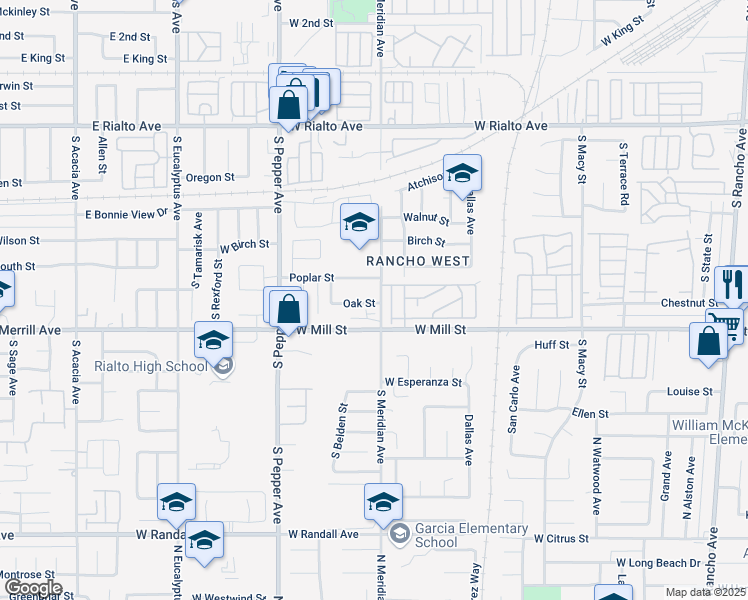 map of restaurants, bars, coffee shops, grocery stores, and more near 440 South Meridian Avenue in Rialto