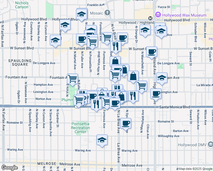 map of restaurants, bars, coffee shops, grocery stores, and more near 1224 North Formosa Avenue in West Hollywood