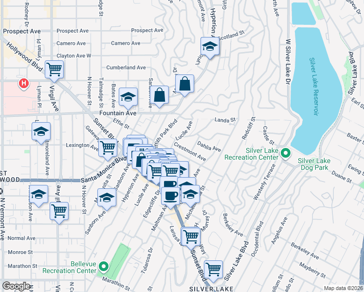 map of restaurants, bars, coffee shops, grocery stores, and more near 3651 Crestmont Avenue in Los Angeles