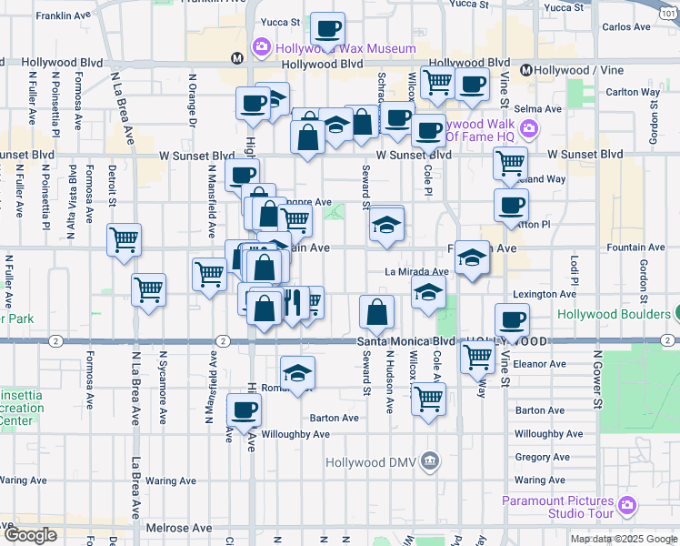 map of restaurants, bars, coffee shops, grocery stores, and more near 1234 North Cherokee Avenue in Los Angeles
