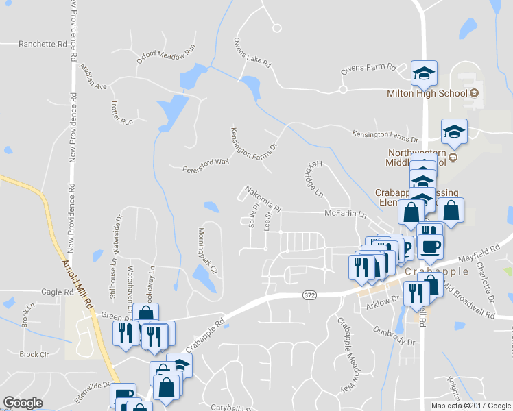 map of restaurants, bars, coffee shops, grocery stores, and more near 2145 Sauls Place in Milton
