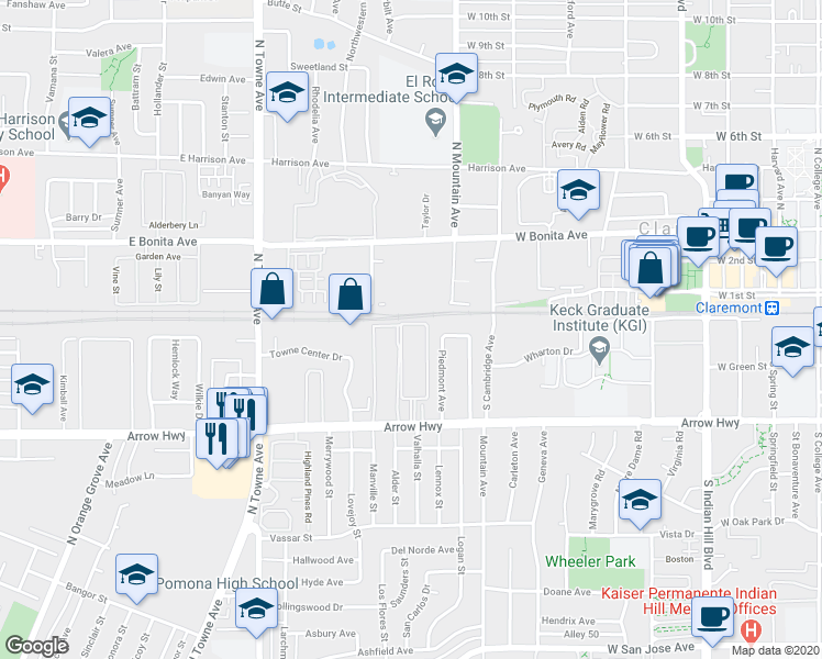 map of restaurants, bars, coffee shops, grocery stores, and more near 119 Marywood Avenue in Claremont
