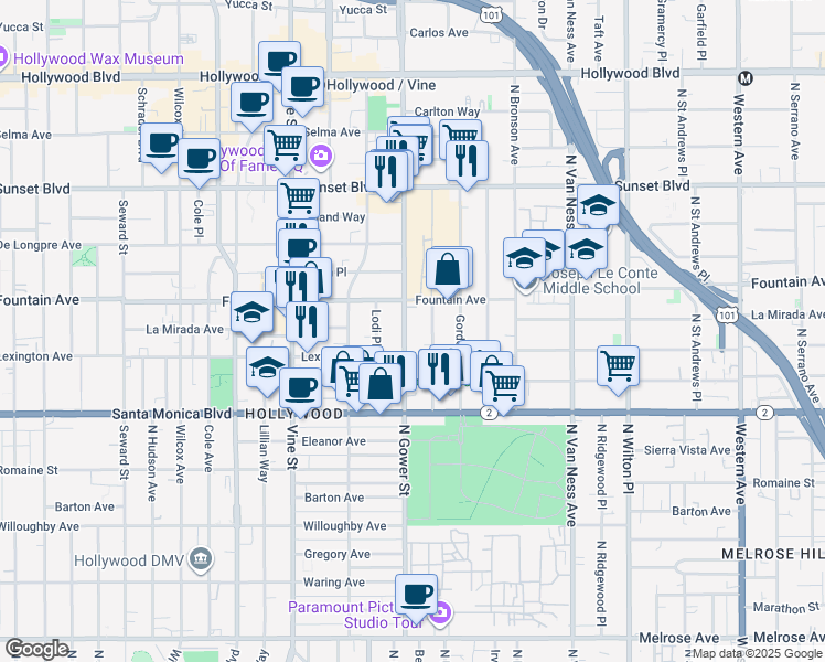 map of restaurants, bars, coffee shops, grocery stores, and more near 1233 North Beachwood Drive in Los Angeles