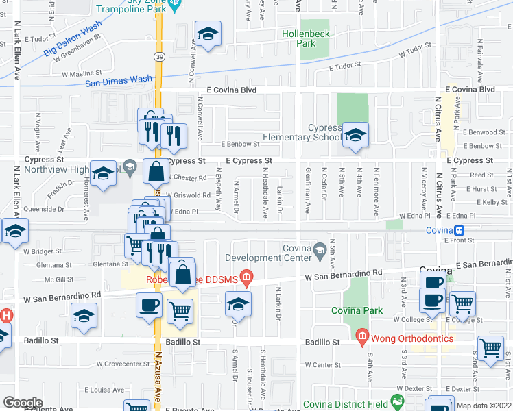 map of restaurants, bars, coffee shops, grocery stores, and more near 4426 North Eastbury Avenue in Covina