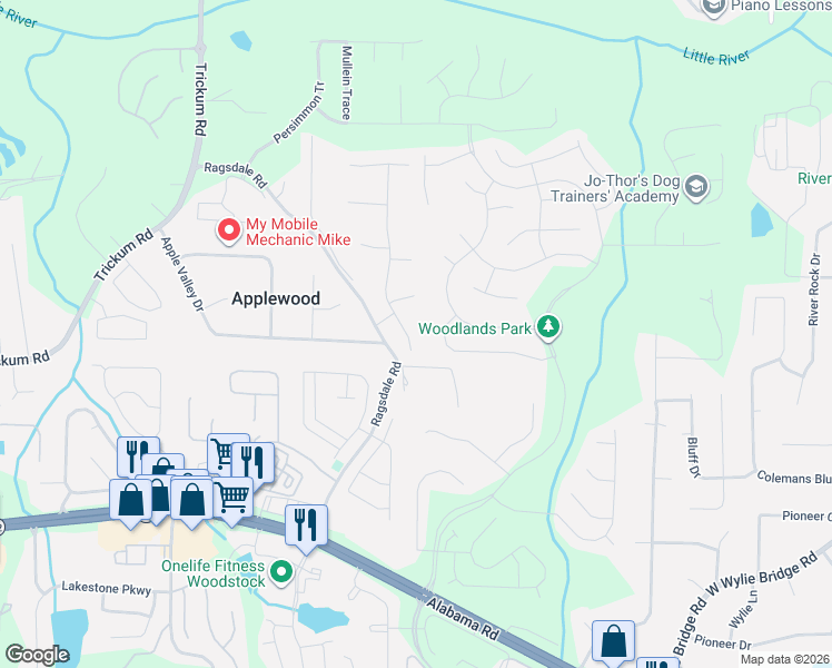 map of restaurants, bars, coffee shops, grocery stores, and more near 206 Deerchase Drive in Woodstock