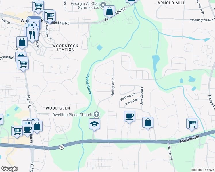 map of restaurants, bars, coffee shops, grocery stores, and more near 303 Winchester Way in Woodstock