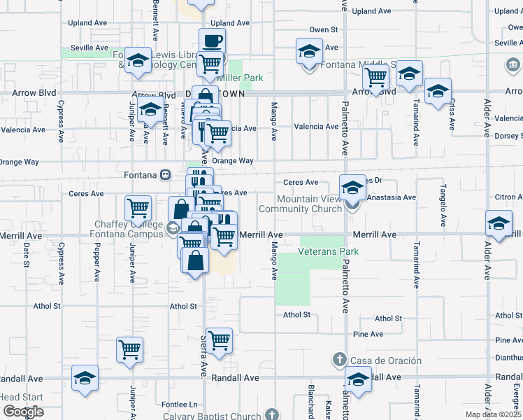 map of restaurants, bars, coffee shops, grocery stores, and more near 8843 Emerald Avenue in Fontana
