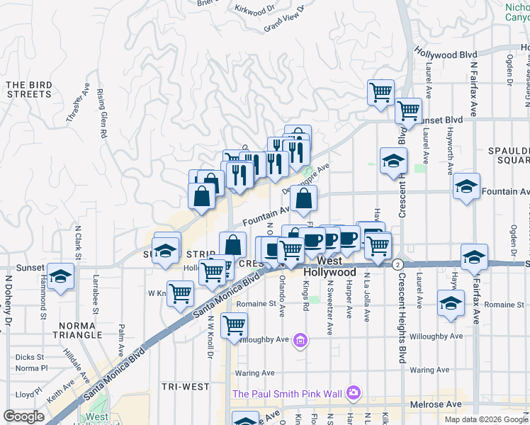 map of restaurants, bars, coffee shops, grocery stores, and more near 8417 Fountain Avenue in West Hollywood