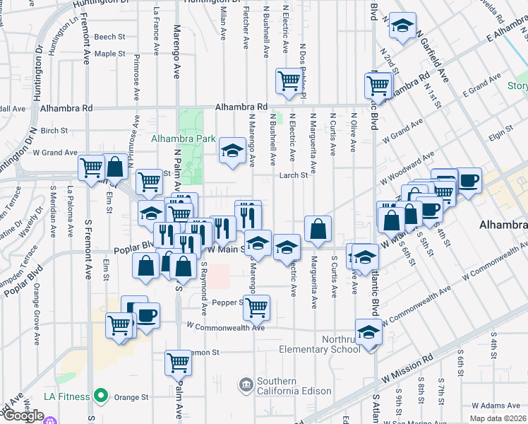 map of restaurants, bars, coffee shops, grocery stores, and more near 110 North Marengo Avenue in Alhambra