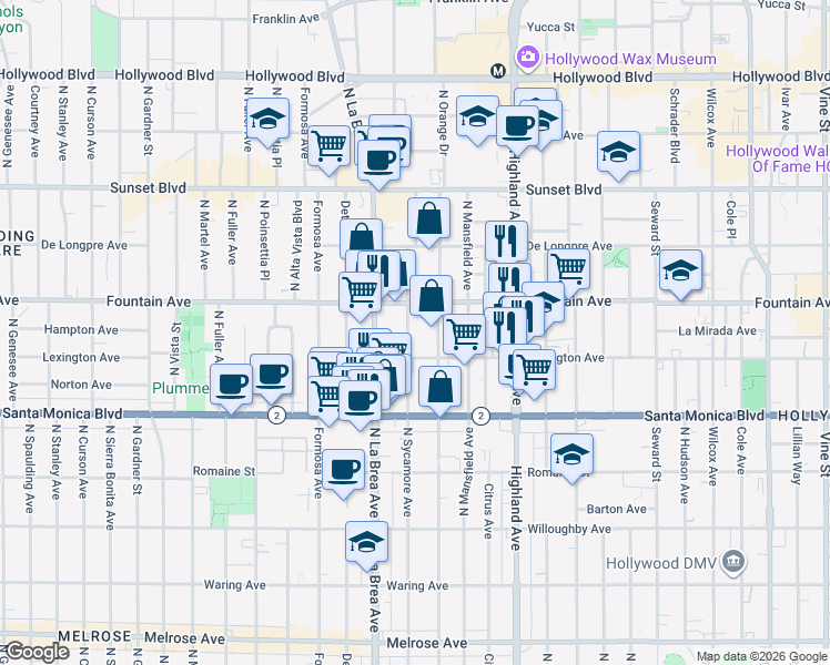 map of restaurants, bars, coffee shops, grocery stores, and more near 1232 North Sycamore Avenue in Los Angeles