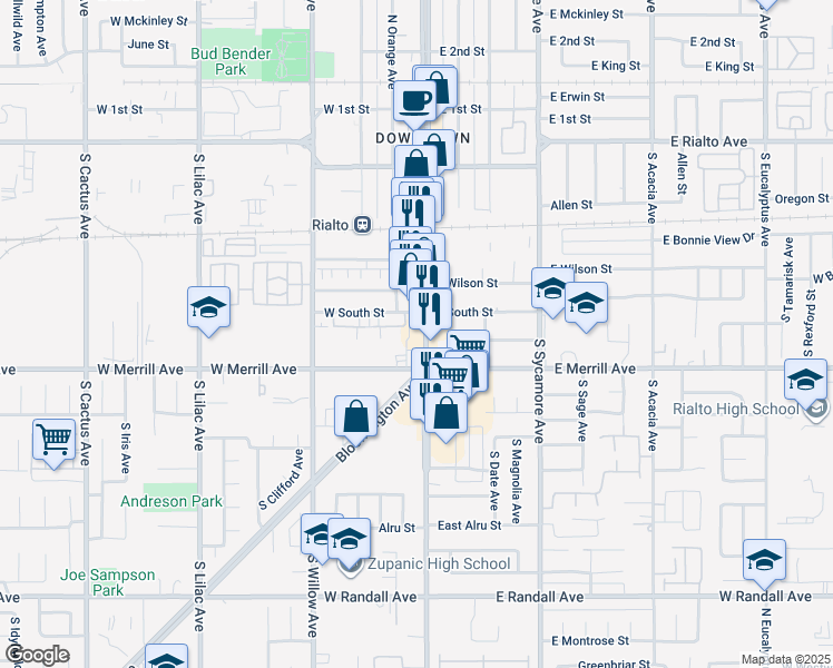 map of restaurants, bars, coffee shops, grocery stores, and more near 430 South Riverside Avenue in Rialto