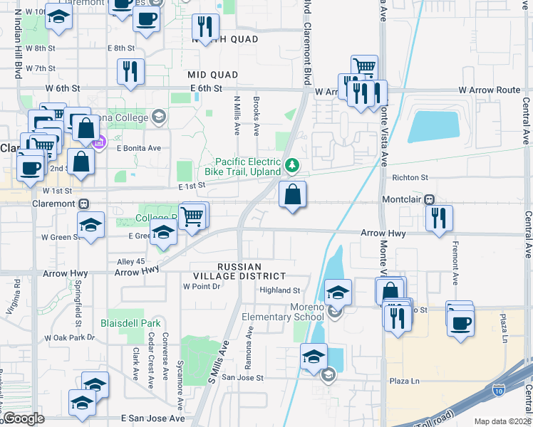 map of restaurants, bars, coffee shops, grocery stores, and more near 553 Wayland Court in Claremont