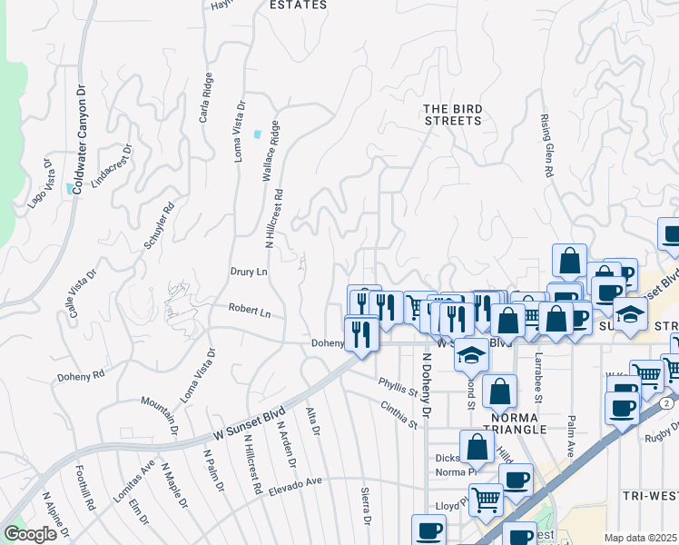 map of restaurants, bars, coffee shops, grocery stores, and more near 1244 Sierra Alta Way in Los Angeles