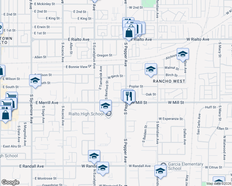 map of restaurants, bars, coffee shops, grocery stores, and more near 2940 West Poplar Circle in Rialto
