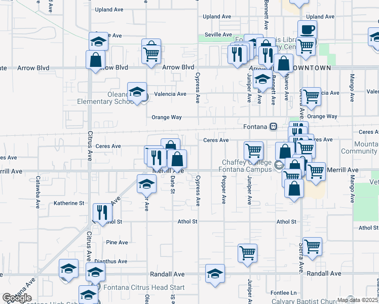 map of restaurants, bars, coffee shops, grocery stores, and more near 16453 Ceres Avenue in Fontana