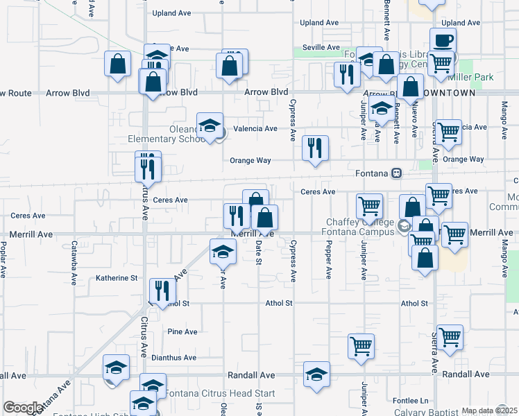map of restaurants, bars, coffee shops, grocery stores, and more near 16385 Ceres Avenue in Fontana