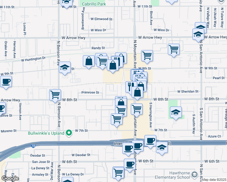 map of restaurants, bars, coffee shops, grocery stores, and more near 138 Stillman Way in Upland