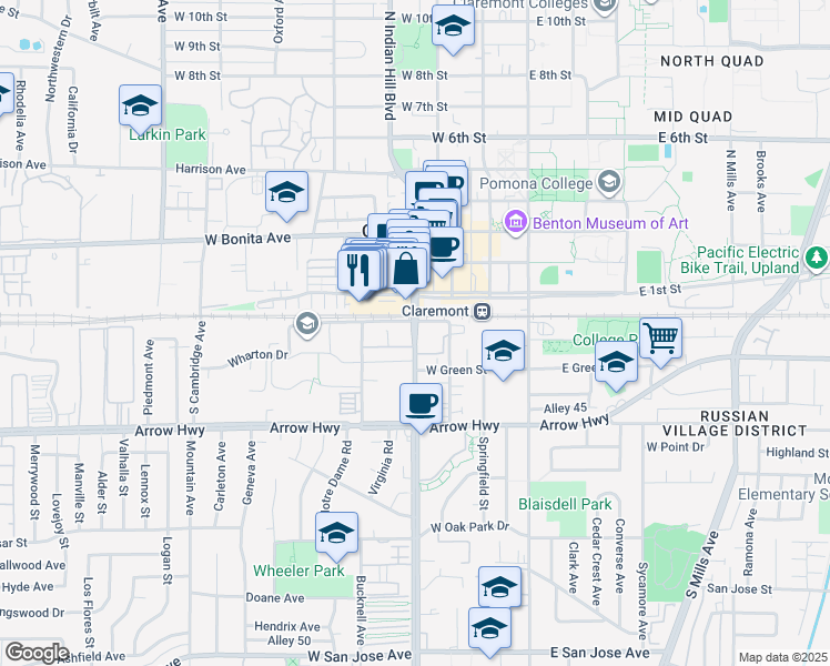 map of restaurants, bars, coffee shops, grocery stores, and more near 400-498 Santa Fe Street in Claremont