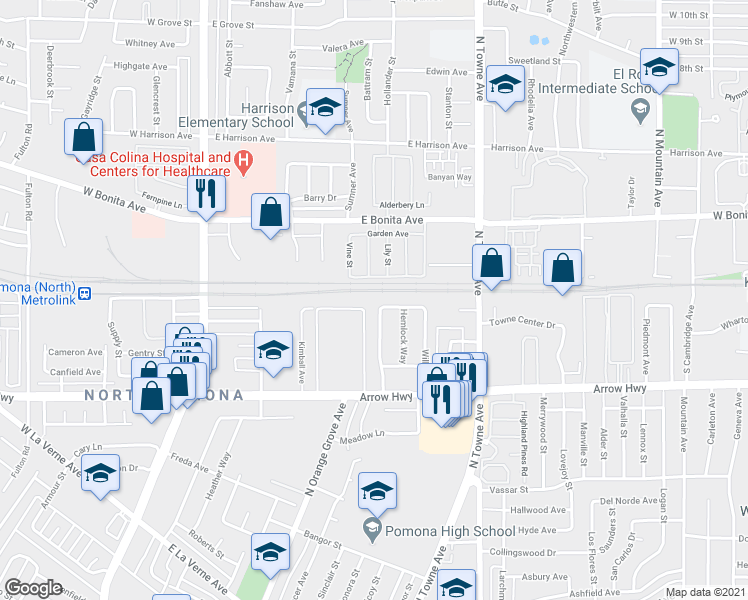map of restaurants, bars, coffee shops, grocery stores, and more near 575 Roderick Avenue in Pomona