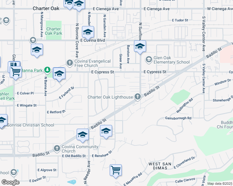 map of restaurants, bars, coffee shops, grocery stores, and more near 4422 North Lyman Avenue in Covina